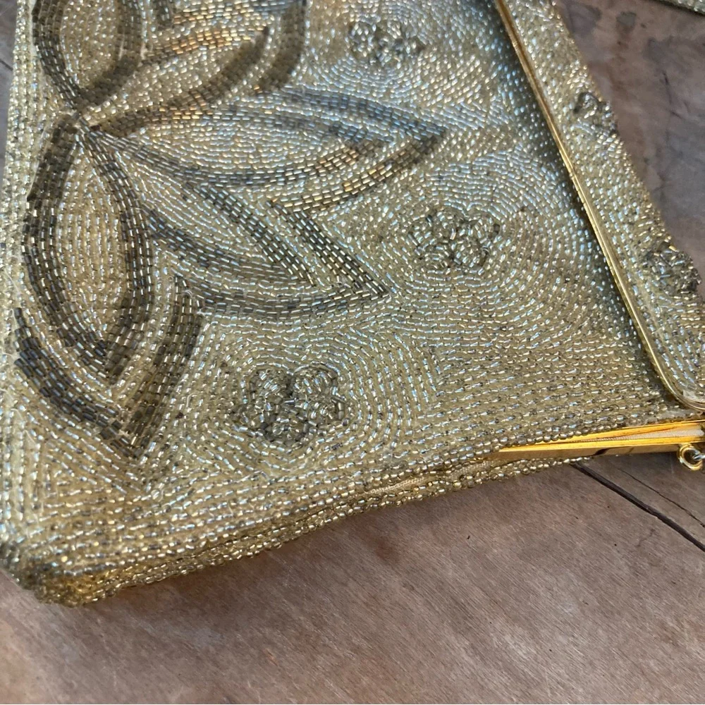 Vintage French DELILL Purse gold beaded lotus flower mini strap dainty art deco